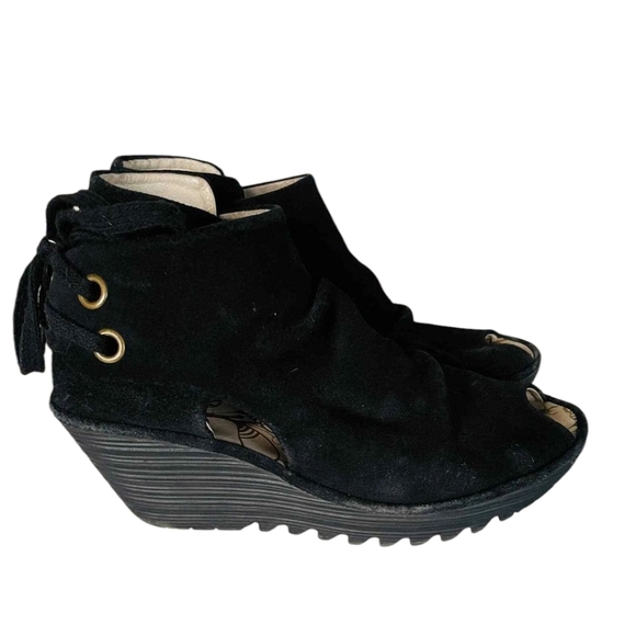 Fly London Black Peep Toe Wedge Suede Leather Booties - Picture 3 of 6